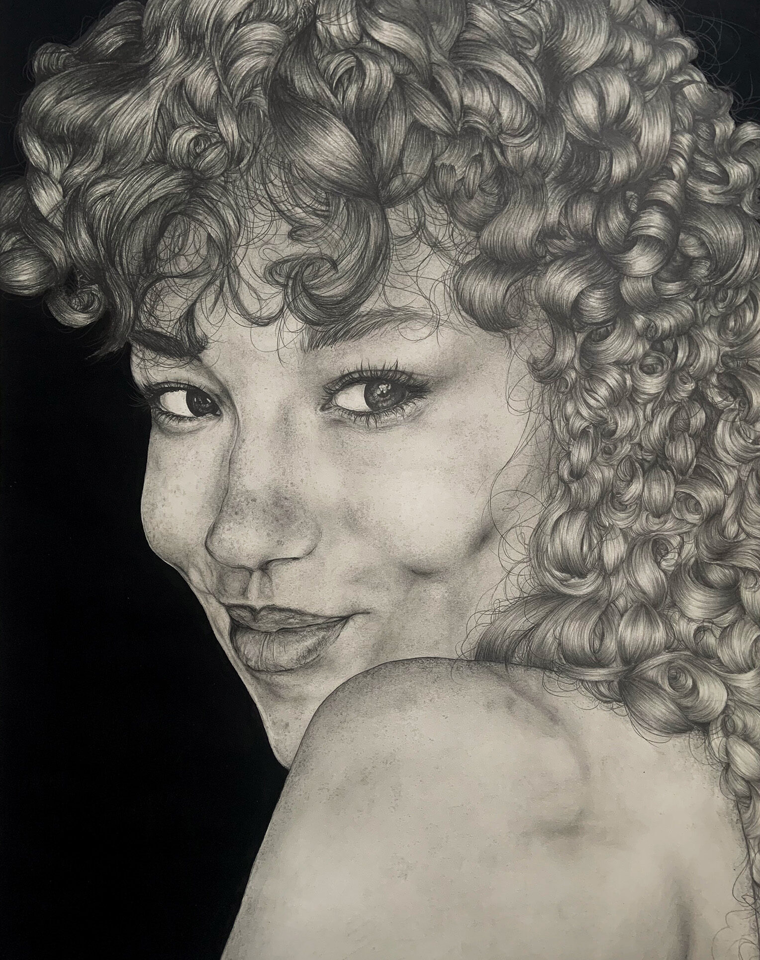 A realistic graphite pencil portrait of a woman done on a 24x18 canvas.