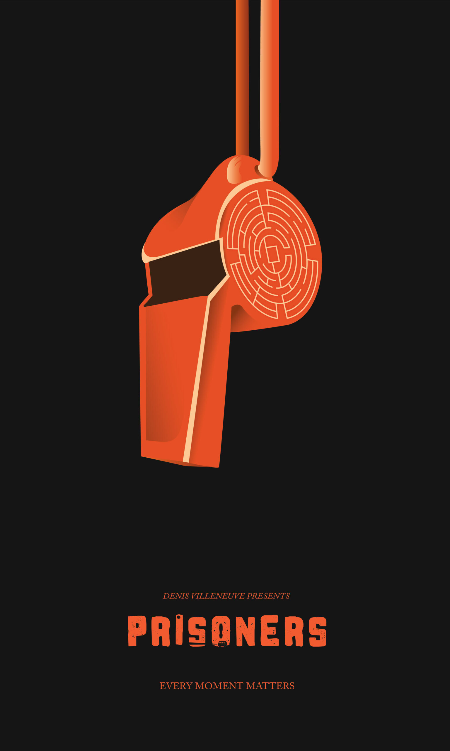Prisoners movie poster features a red whistle with a maze etched into its side on a black background.