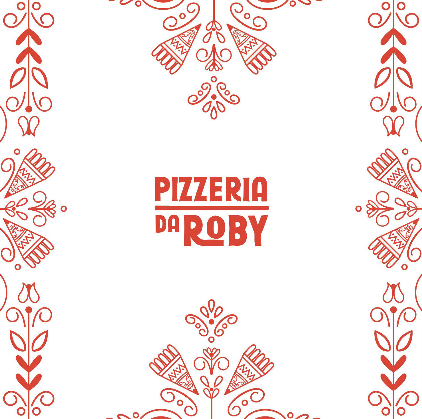 Pizzeria da roby illustrations in red for a pizza box.