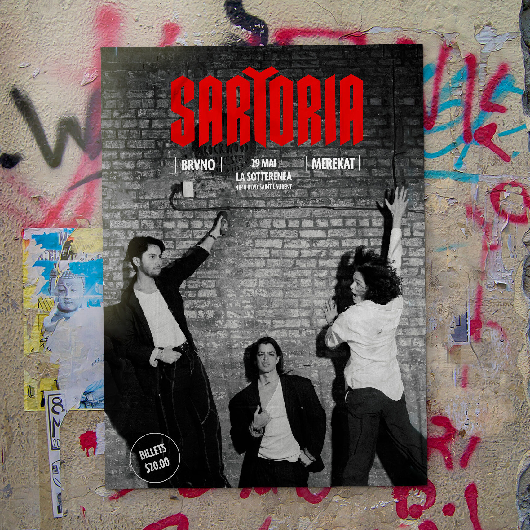 Sartoria Montreal Band poster on a graffiti covered wall.