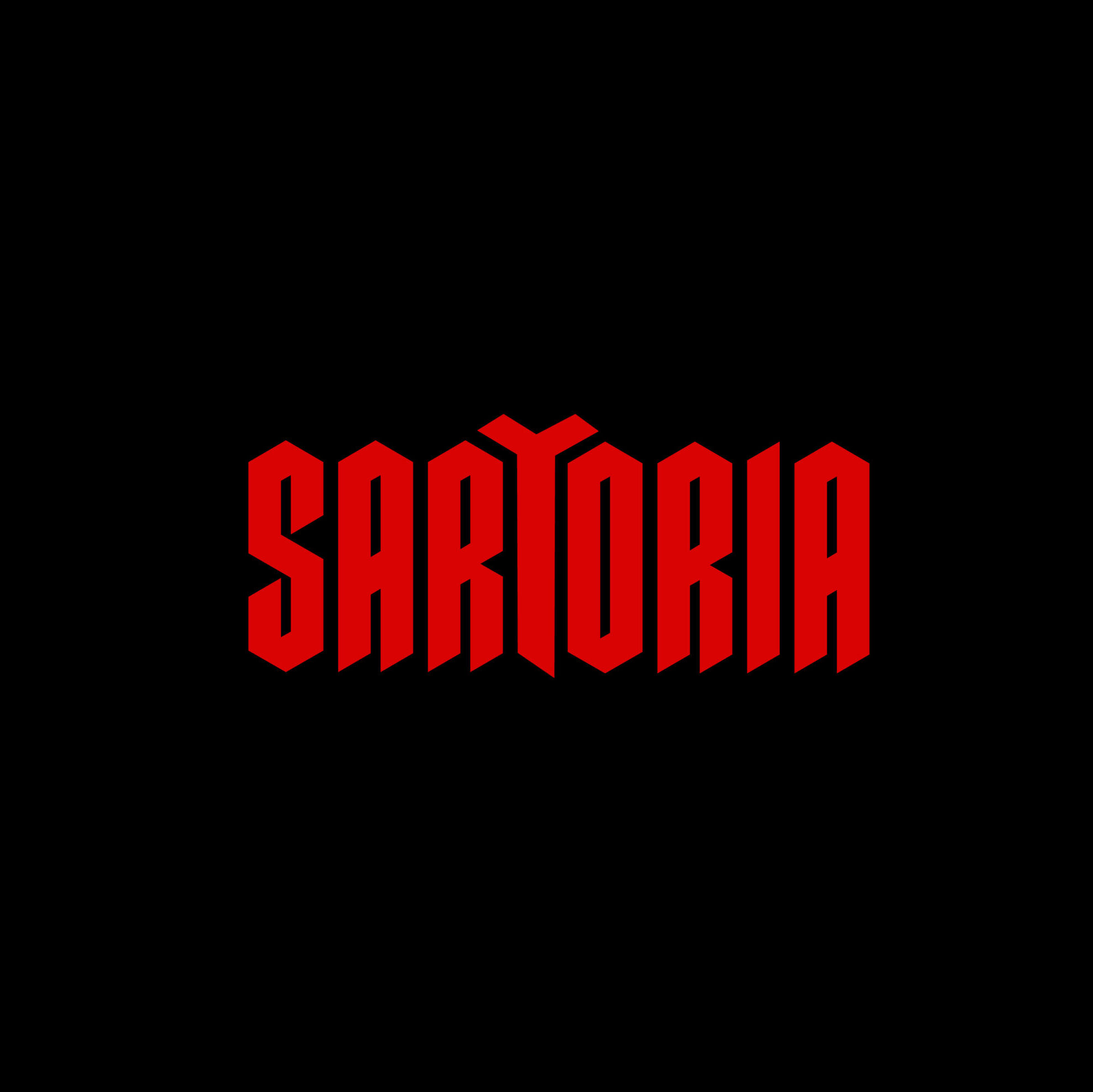 Sartoria logo in red on a black background.