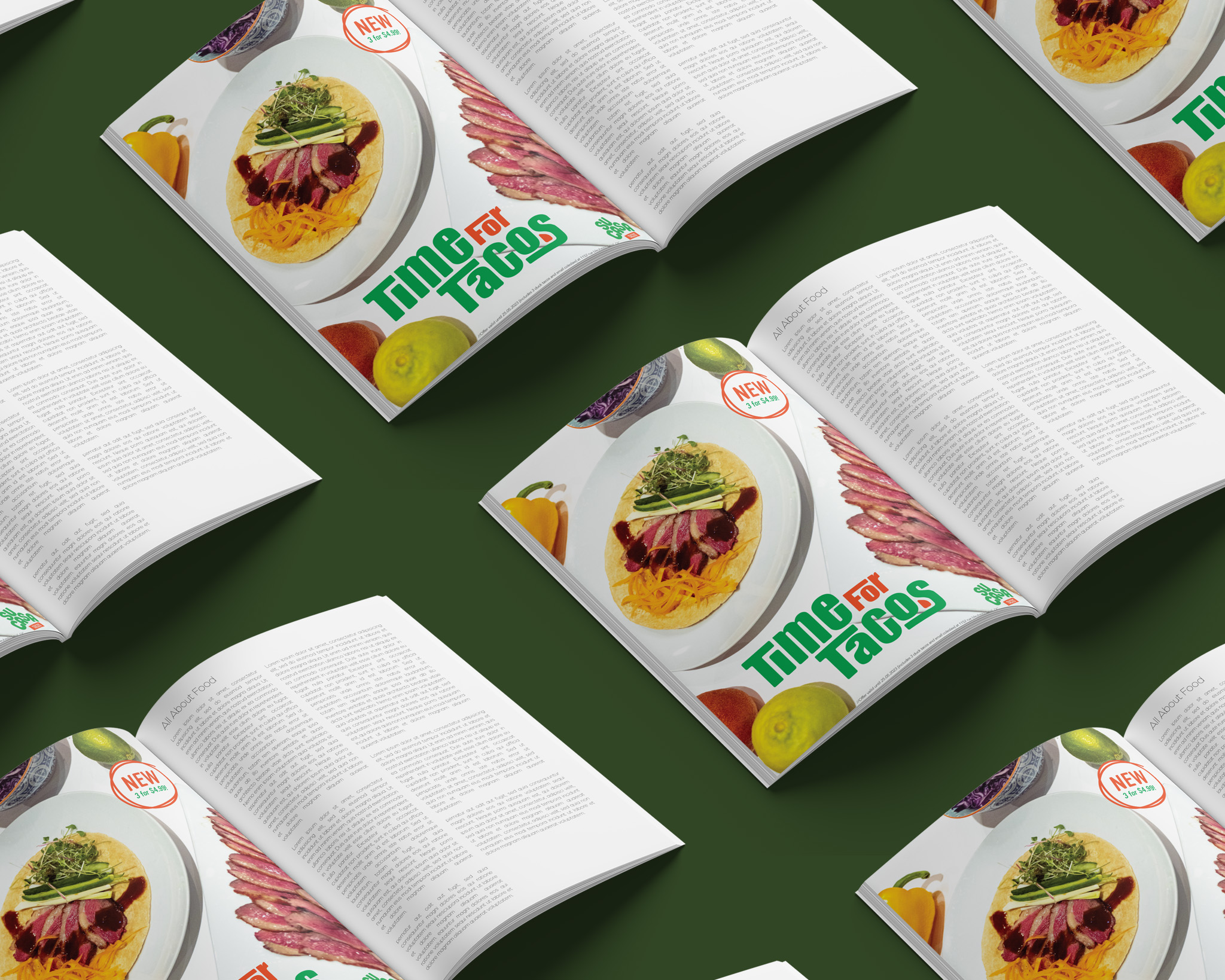 Magazine advertisement for sucasa tacos. It is bright colourful and features vibrant dishes.