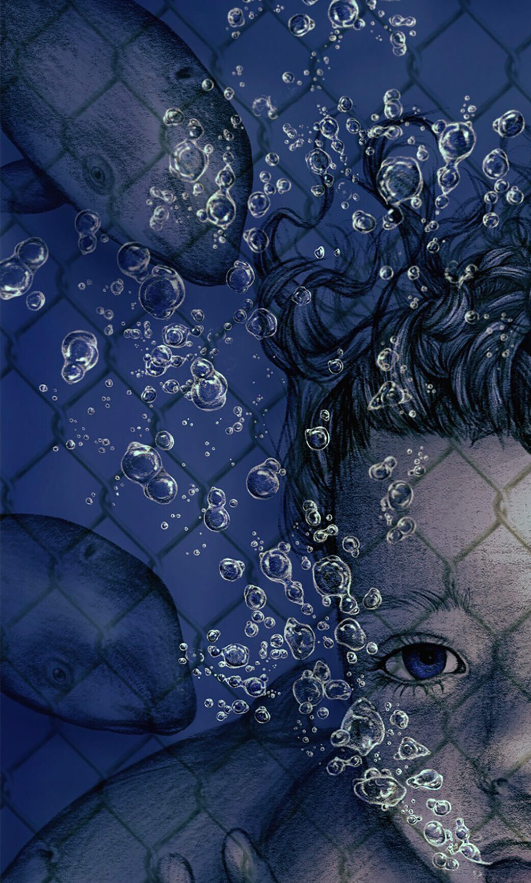 Closeup of a digital art piece done on procreate of a child underwater with sea creatures and bubbles.