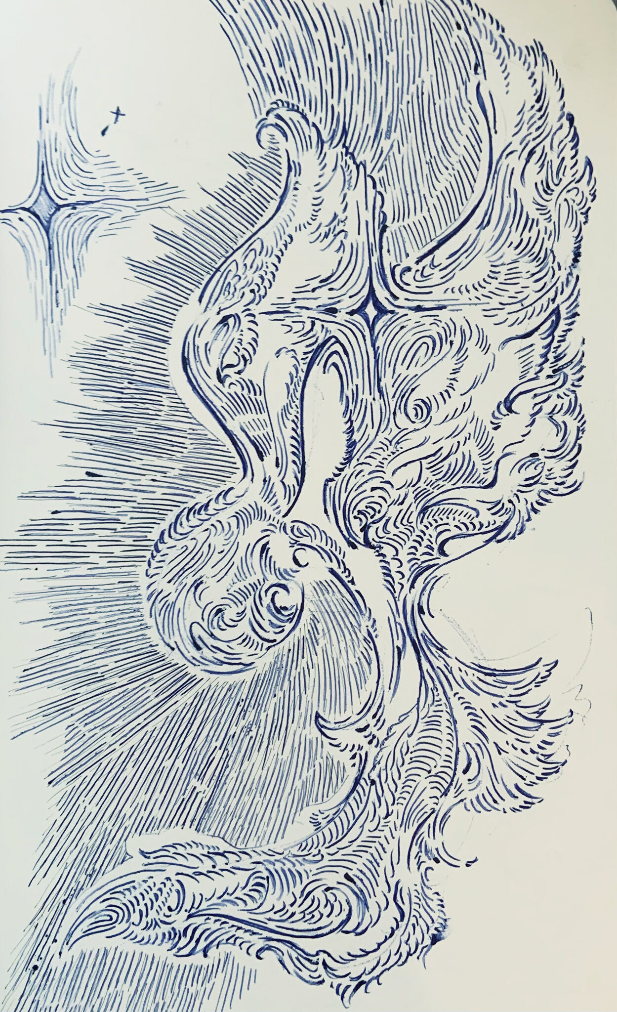 Sketch of a stylized bird done in blue pen on a white sketchbook.