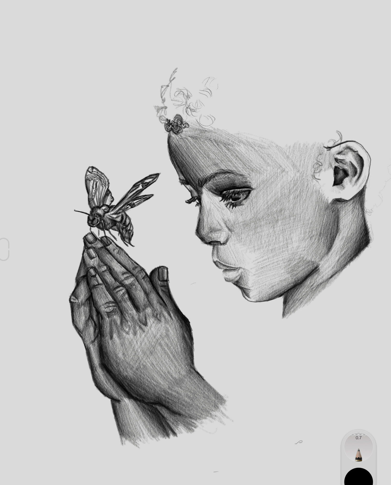 Digital drawing of a child holding up a moth.