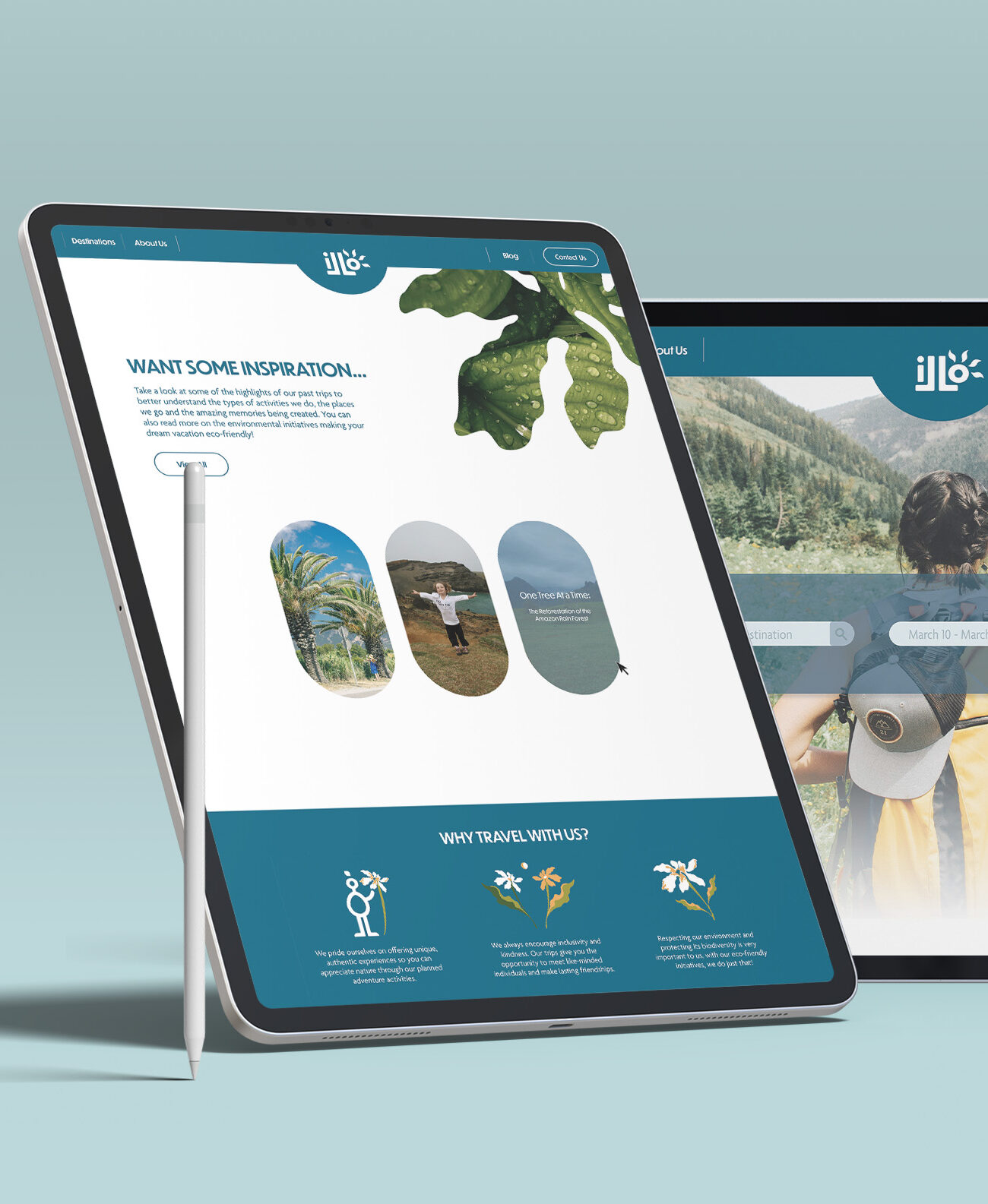 illo website landing page. Features the brand mascot Milo waving fro behind a customizable search bar to search flight plans and destinations on a visual background filled with nature.