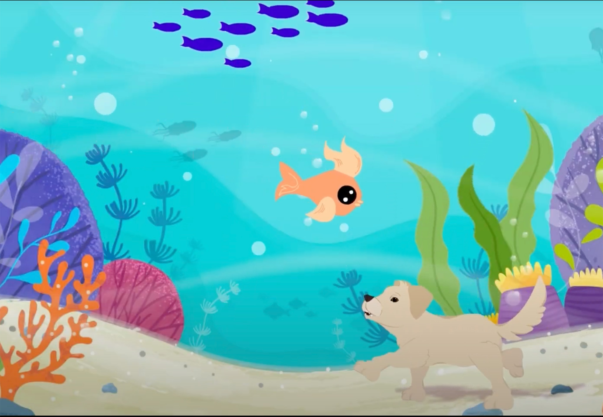 This is a still image from the animated video titled a dog's adventure. The still features a beige cartoon dog talking to a orange fish on a vibrant aquamarine underwater background.