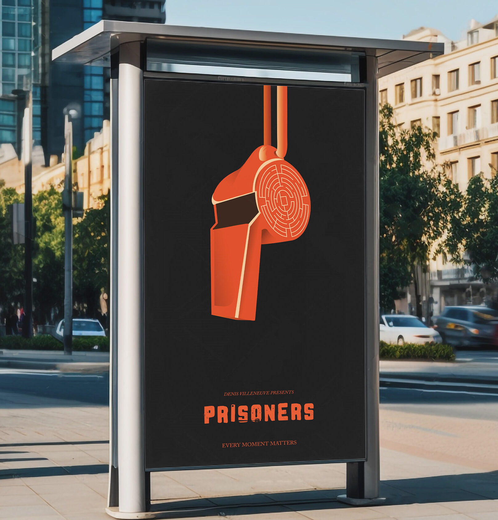 The minimalist illustrated movie poster for Prisoners. It features a red whistle with a maze carved into the side, on a black background. It is display on a sign alongside a urban landscape.